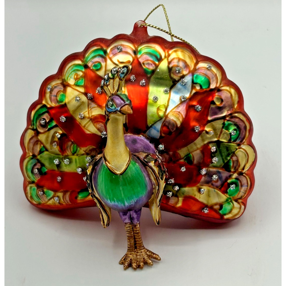 Vintage Vibrant Bejeweled Peacock Holiday Christmas Ornament Hand Blown Glass
